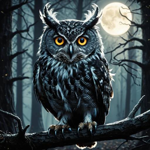 Cursed Owl with Amber Eyes in Moonlit Forest