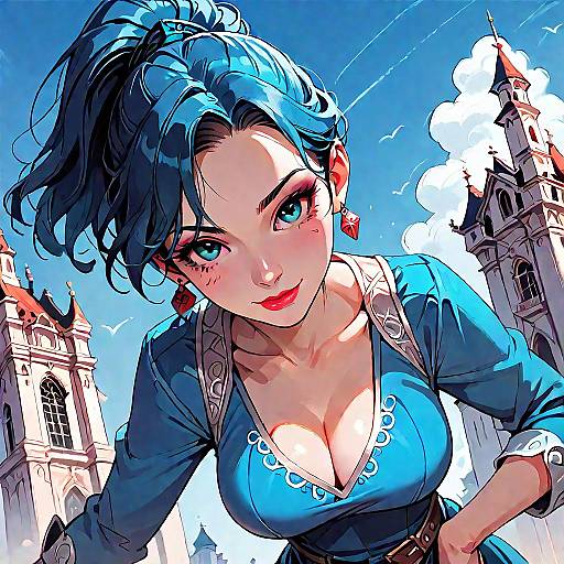 Digital anime-style drawing of a blue-haired woman with large breasts, wearing a blue dress, leaning forward in a medieval cityscape.