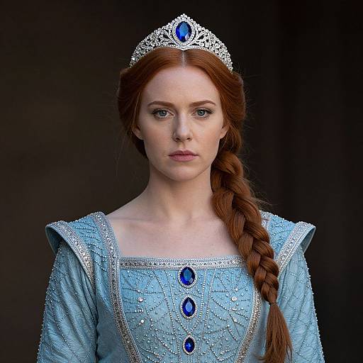 Photograph of a fair-skinned, red-haired woman with a braid, wearing a silver tiara, blue gemstone-embellished light