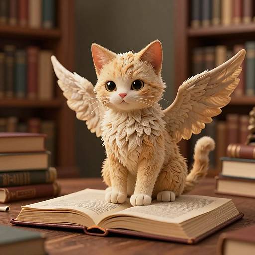 Digital illustration of a cute, orange tabby kitten with angel wings sitting on an open book in a library, surrounded by stacked books.