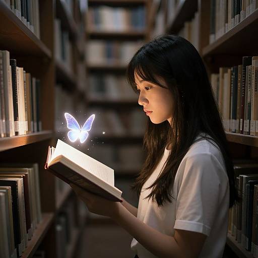 Photograph of an Asian girl with long black hair, wearing a white shirt, reading a book while a glowing blue butterfly hovers nearby in a dim