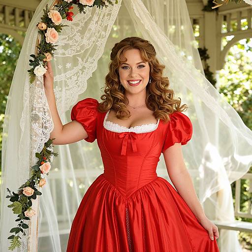 Photograph of a smiling woman with curly brown hair, wearing a red, puffed-sleeve, lace-trimmed dress, standing under a