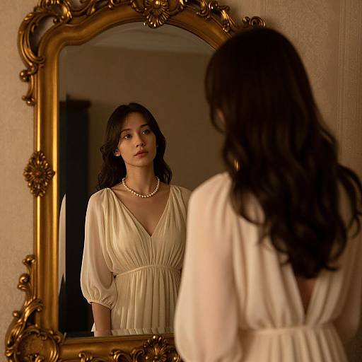 Young woman with long dark hair, wearing a white, sheer dress and pearl necklace, stands in front of an ornate gold mirror, reflected in soft