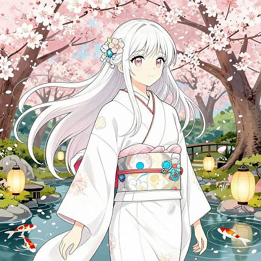 Anime Girl in Futuristic Kimono Garden