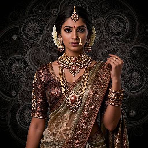 Photograph of an elegant Indian woman in traditional gold and maroon saree, adorned with elaborate jewelry, dark hair, intricate black patterned background.