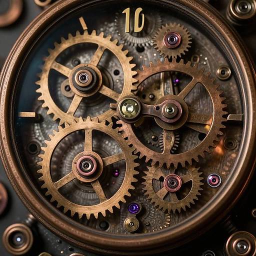 Close-up photograph of intricate brass gears and metal components in a watch, featuring two prominent gears, small purple and gold jewels, and a numbered dial at