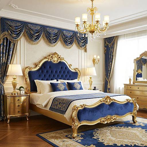 Luxurious bedroom photograph: Ornate blue velvet and gold-trimmed bed, blue drapes with gold tassels, chandelier, gold night
