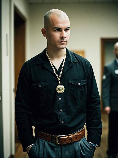 Bald Man in Costume, Hands in Pockets