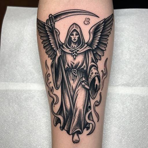 Black ink tattoo of a hooded angel with wings, holding a scythe, standing on a leg, surrounded by swirling smoke.