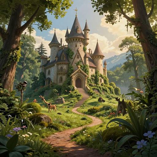 Digital fantasy artwork of a lush, enchanted forest leading to a grand, turreted castle with a winding path, surrounded by vibrant greenery, deer