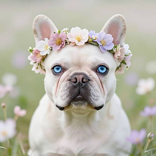 Photograph of a white French Bulldog with striking blue eyes, wearing a pastel flower crown, sitting in a blurred field of pink and white flowers