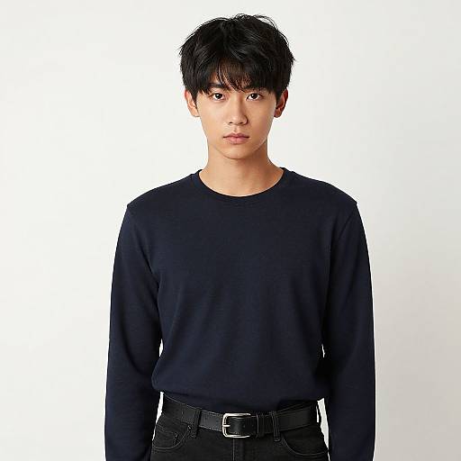 Photograph of an Asian man with short black hair, wearing a plain black long-sleeve shirt and black pants, standing against a white background.