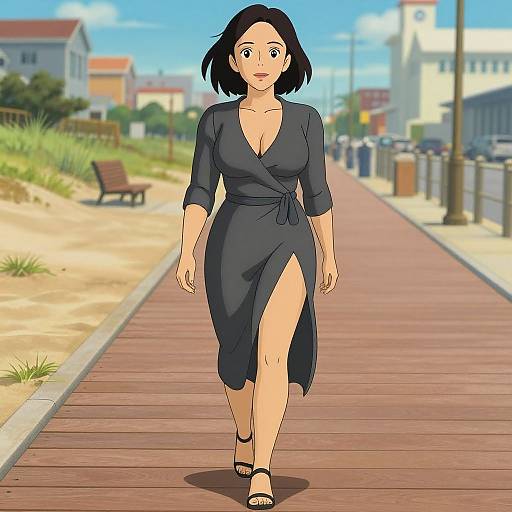 Anime-style digital illustration of a black-haired woman in a dark blue dress with a high slit, walking on a sunny beach boardwalk.