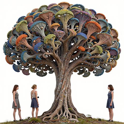 Digital artwork of a surreal tree with colorful, fan-like leaves, surrounded by three women in blue dresses, standing on grass.