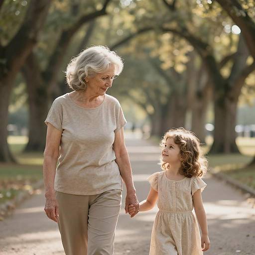 Photograph of an elderly white woman with short gray hair, wearing a beige top and pants, holding hands with a young white girl with curly brown hair