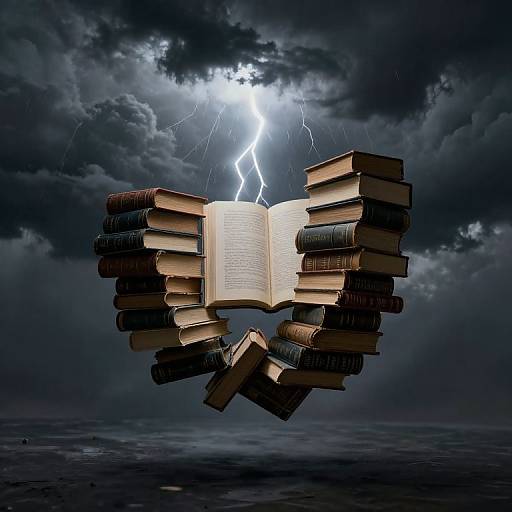 Photograph-like CGI: Open book surrounded by floating, stacked books, illuminated by a bright, lightning-filled, stormy sky. Books form a circular