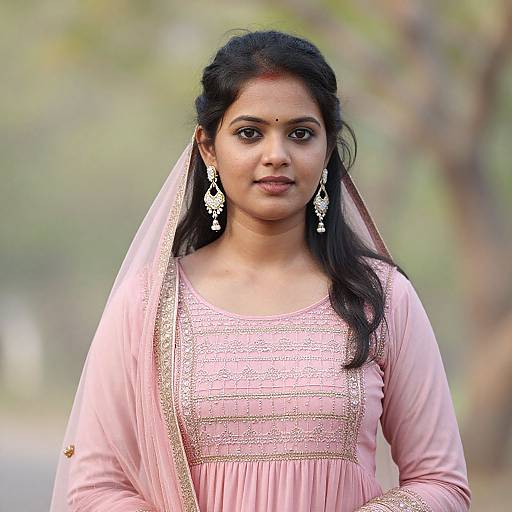 Photograph of a young Indian woman with dark hair, wearing a pink traditional outfit with gold embroidery, matching earrings, and a forehead bindi, standing