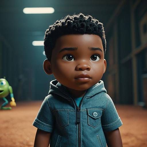 Animated Young Black Boy in Denim Hoodie