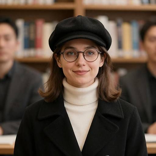 Young woman in black flat cap and glasses