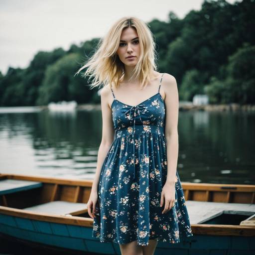 Blonde Woman in Floral Summer Dress by Lake