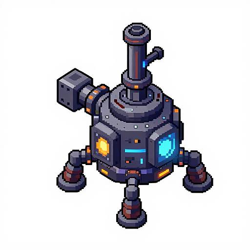 Pixel art of a small, grey, cylindrical robot with four legs, glowing blue and orange lights, and a protruding antenna on top.