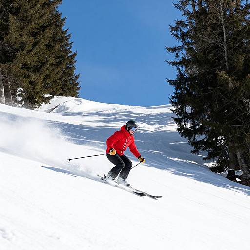 Photograph of a skier in a bright red jacket, black pants, and helmet, carving through fresh white snow between tall, dark evergreen trees