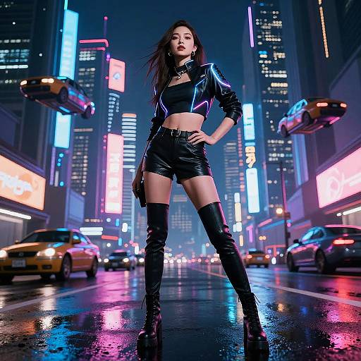 Cyberpunk photograph of a confident woman in a black crop top, high-waisted shorts, and thigh-high boots, standing in a neon-l