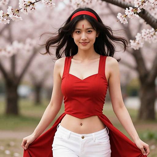 Photorealistic digital art of an Asian woman with long black hair, red headband, red tank top, white pants, standing in a cherry blossom