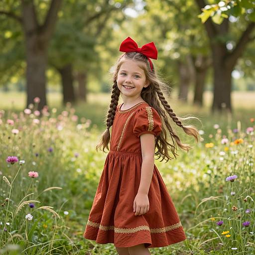 Photograph of a smiling young girl with long braided brown hair, wearing a red dress with gold trim and a large red bow, standing in a
