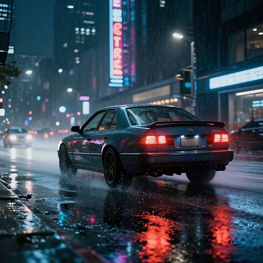 Photograph of a rain-soaked night city street featuring a sleek, blue sedan with glowing red taillights, illuminated neon signs, and reflections on