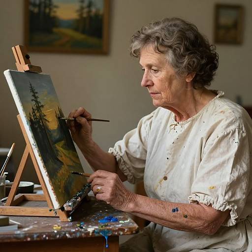 Photograph of an elderly woman with short gray hair, wearing a white blouse, painting a landscape on an easel in a softly lit studio.