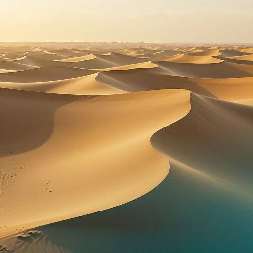 Aerial photograph of golden sand dunes with rippling textures and a blue water body at the base, bathed in warm sunlight.