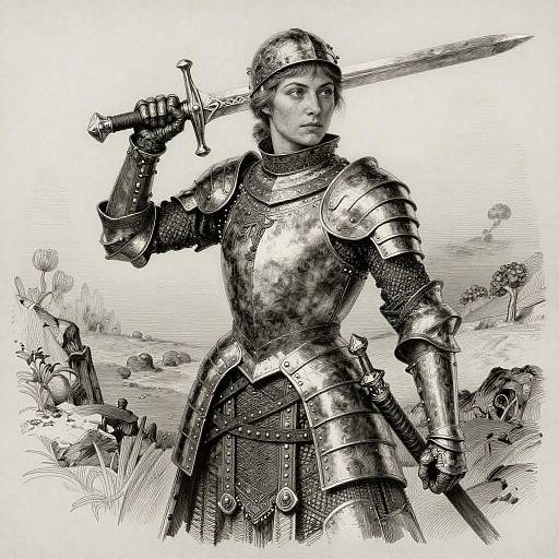 Female Warrior Holding Sword in Armor
