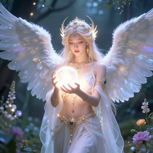 Digital artwork of a beautiful, ethereal angelic woman with white wings, blonde hair, golden crown, and white gown holding a glowing orb in a