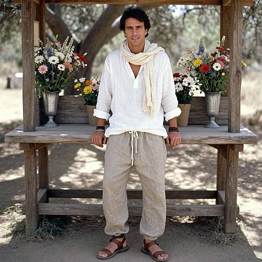 Photograph of a young man with dark hair, wearing a white shirt, beige pants, and sandals, standing in front of a wooden flower stand with