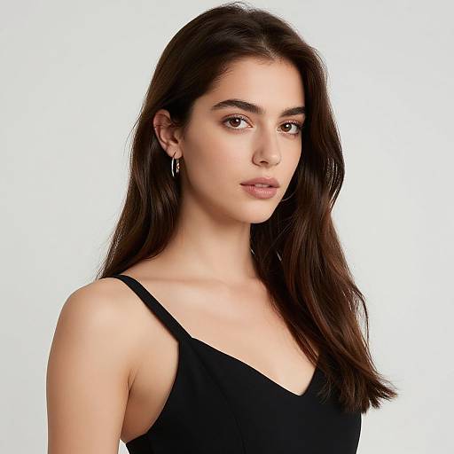 Photograph of a young woman with long, dark brown hair, fair skin, and brown eyes, wearing a black sleeveless top and silver hoop earrings