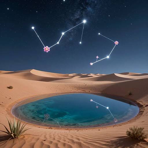 Photograph of a starry night sky over a desert oasis with a circular, reflective water pool surrounded by sandy dunes, featuring a constellation displayed above