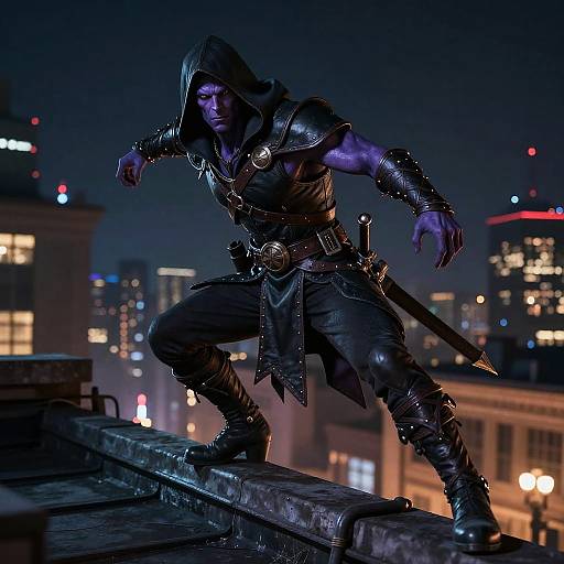 Photorealistic CGI of a muscular, dark-clad hooded figure with purple skin, crouching on a rooftop at night, cityscape with