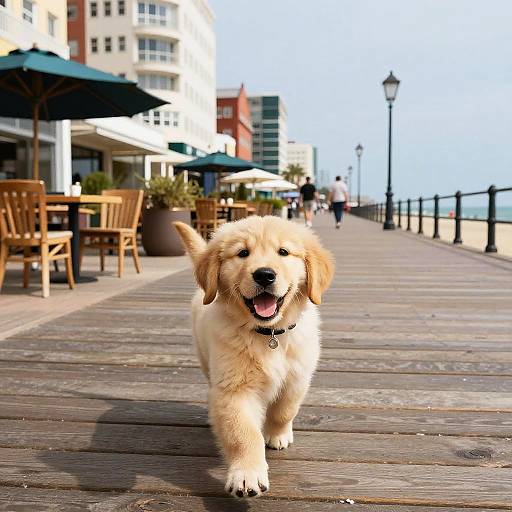 Playful Golden Retriever on Seaside Boardwalk