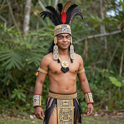 Photograph of a shirtless Indigenous man with dark skin, black hair, wearing ornate headpiece, black feathered headdress, and geometric-pattern