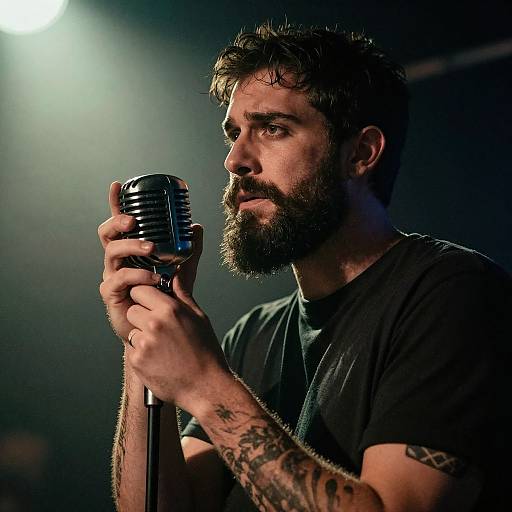 Photograph of a bearded, tattooed man with dark hair, wearing a black t-shirt, passionately singing into a vintage-style silver microphone on stage