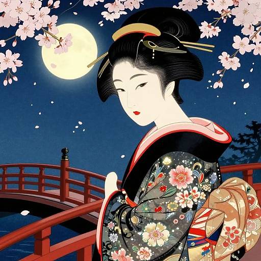 Moonlit Geisha Ukiyo-e Elegance