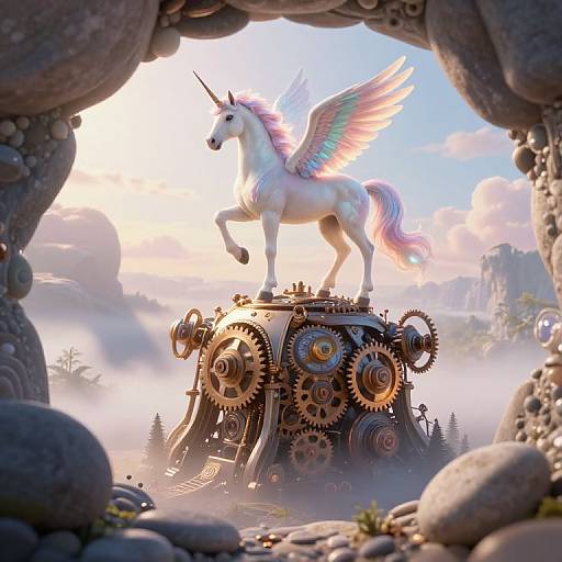 Digital artwork of a white unicorn with pink and blue wings standing on a steampunk clockwork machine, framed by rocky arches, with a mist