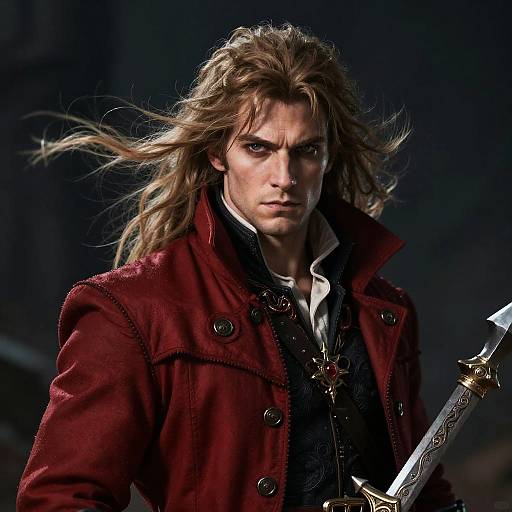Photorealistic digital artwork of a fierce, long-haired man with intense blue eyes, wearing a red coat, holding a detailed sword, against a dark