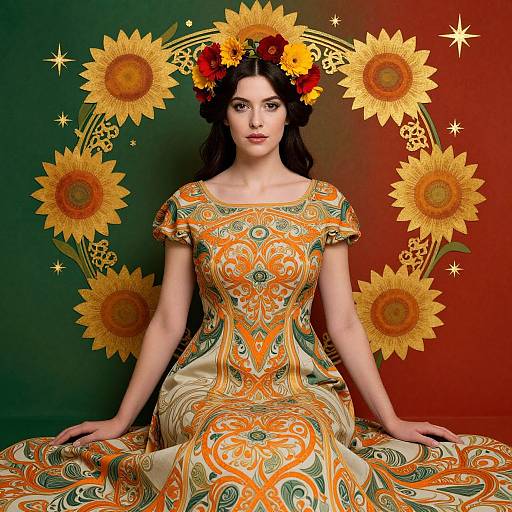 Photograph of a fair-skinned woman with dark hair, wearing an ornate orange and green dress, sunflower crown, seated against a green and