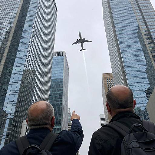 Urban View with Airplane Between Skyscrapers