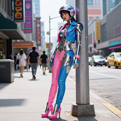 Photograph of a woman in a shiny, blue and pink latex bodysuit, pink high heels, and futuristic helmet, leaning against a street pole