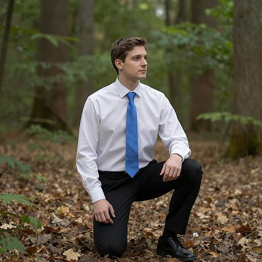 Man Kneeling in Forest Wearing Formal Attire