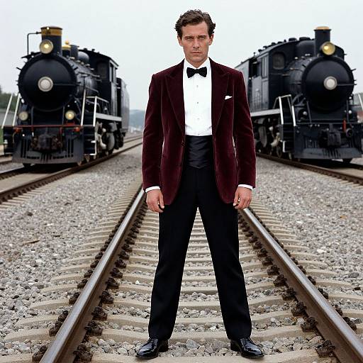 Photograph of a man in a dark velvet tuxedo, white shirt, black bow tie, standing on railway tracks between two vintage black steam locom