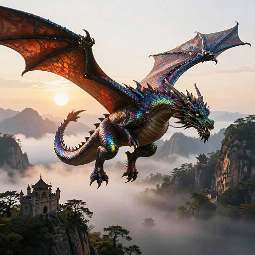 Digital painting of a vibrant, iridescent dragon with glowing blue scales, soaring above misty mountains, with ancient, turreted castles in
